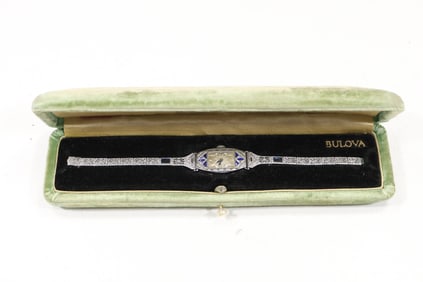 Bulova 14K Gold Filled Ladies Wristwatch with Blue CZ in Original Case ; 6.5 in. x 3/4 in.