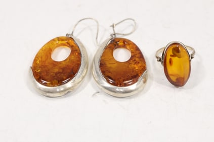 3 Piece Amber and Sterling Silver Earrings and Ring Size 6