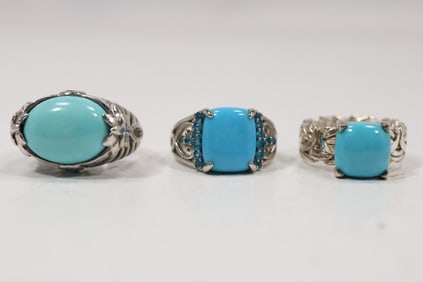 3 Sterling Silver Rings: AK 925 Turkey with Faux Turquoise Stone Ribng Size 6; .925 Faux Turquoise