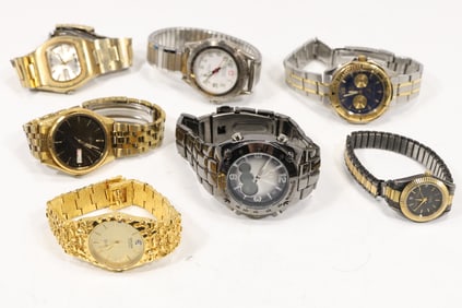 7 Assorted Men's Wristwatches: Seiko 1970s Vintage Automatic Watch with Date; Gruen Diamond