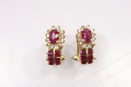 Marked 14K Gold ADL Ruby and Diamond Pierced Earrings 3/4 in. x 3/8 in.