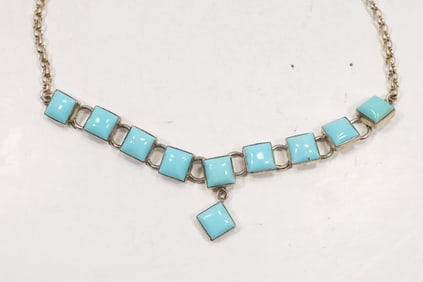 JP10 Sterling Silver and Turquoise Square Stones Necklace 16 in. x 1 3/8 in.