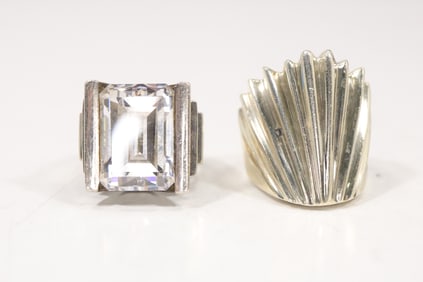 29.6 Grams Total [2] Sterling Silver with Large CZ MCM Ring Size 6; Sterling Holman MCM Fan