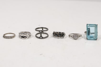 6 Assorted Sterling Silver Rings in Sizes 4, 7, 9.5; CZ, Hematite, Blue Quartz - See Pictures