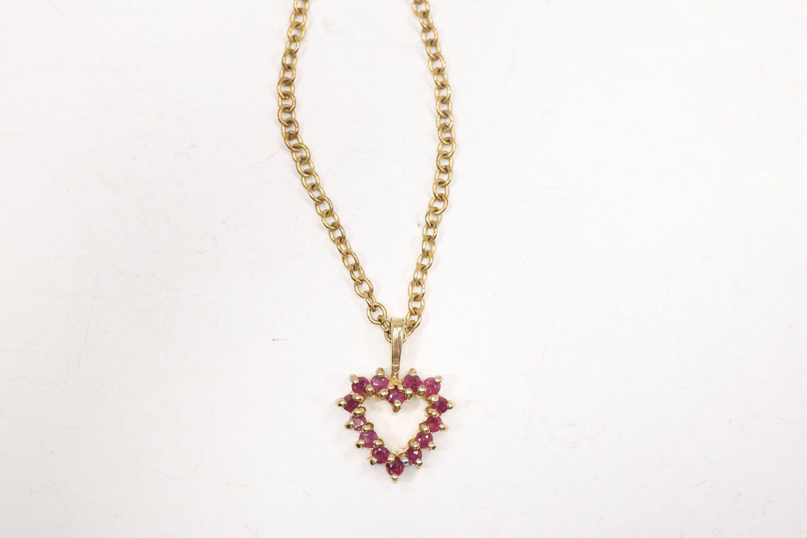 10K Ruby and Diamond Heart Pendant  [only 1 Diamond, 14 Rubies] on 1/20 12K 24 in. Chain (1 of 12)