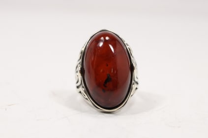 Marked Beauty Cherry Amber Ring Size 9 in Sterling Silver Flowing Design Setting , 7.8 in. x 1 in.