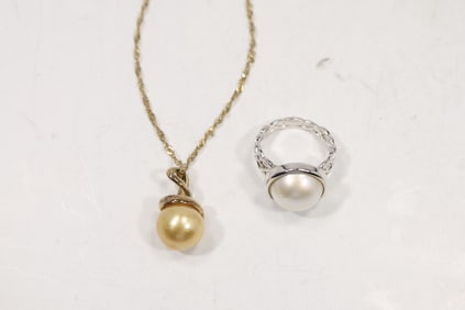 Sterling Silver with Golden Freshwater Pearl Necklace on 18 in. Gold Vermeil Chain; .925 Rhodium