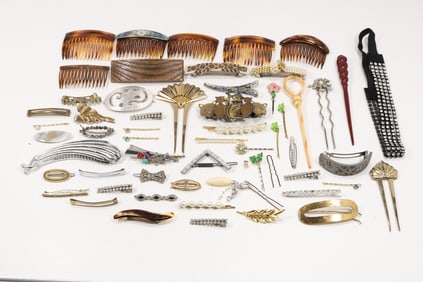 55 Pieces Large Grouping Vintage Hair Accessories, Barretts, Combs, Bobbie Pins, Bun Needles