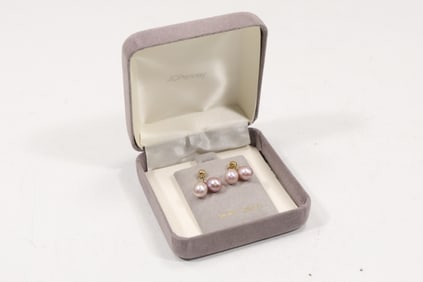14K Freshwater 2 Pearls Dangling Pierced Earrings 3/4 in. dia.