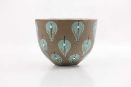 Melle Keramik Denmark Art Pottery Bowl decorated with hand applied blue drops, inside Yellow Stripes