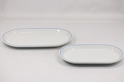 2 Alfoldi Porcelain Hungary, Large Oval White Porcelain Platters with Blue Rims 15 in. length