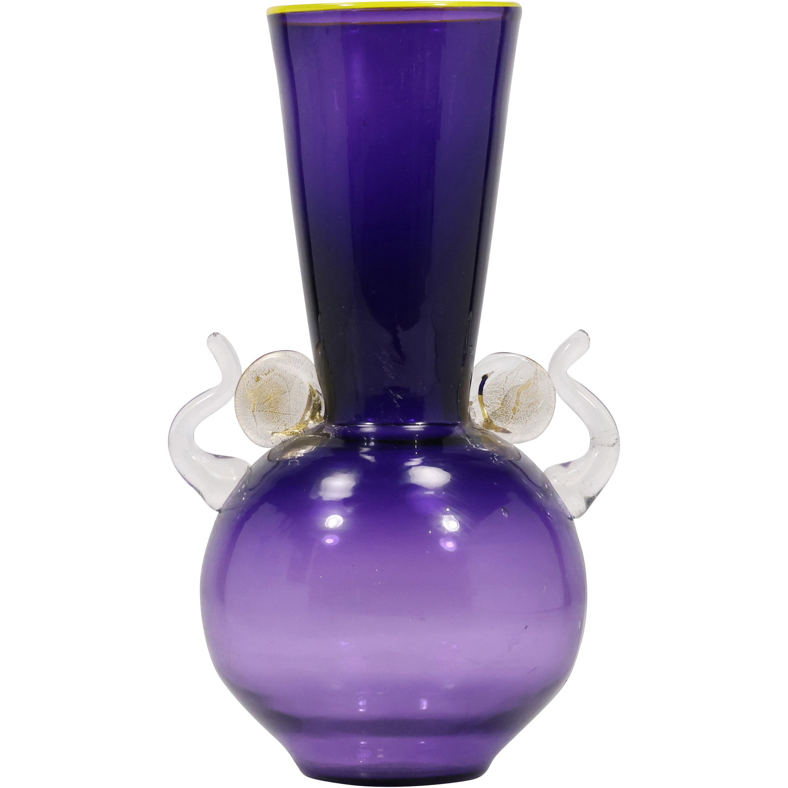 Artist Signed Studio Art Glass Vase Amethyst with Applied Handles and Yellow Top Rim 12 in. height: Artist Signed Studio Art Glass Vase Amethyst with Applied Handles and Yellow Top Rim 12 in. height. size: 12h 7.5w S:A