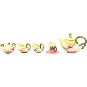 5 Pieces Vintage Hull Art Pottery Woodland Teapot, Sugar Bowl, 2 Creamers and Candlestick