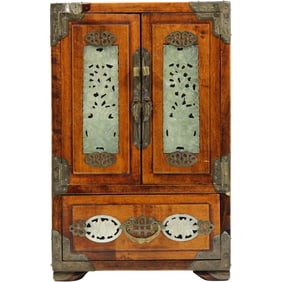 Antique Chinese Wooden Jewelry Cabinet with Carved Jade Panels and Brass Hardware 12 in. x 8 in.