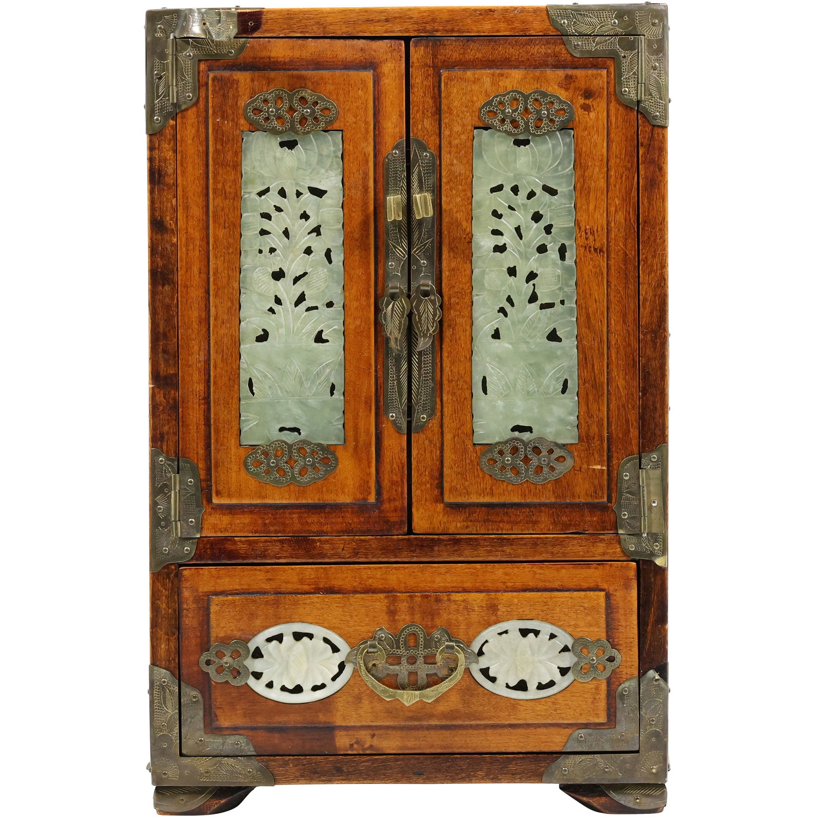 Antique Chinese Wooden Jewelry Cabinet with Carved Jade Panels and Brass Hardware 12 in. x 8 in. (1 of 13)