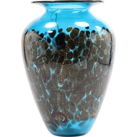 Signed MICHAEL NOUROT ART GLASS VASE, Blue with Mottled Center, 10.5 inches height