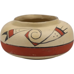 Pueblo Pottery Hand Decorated Vase distinctive red and black on a light background 6.75 in. wide
