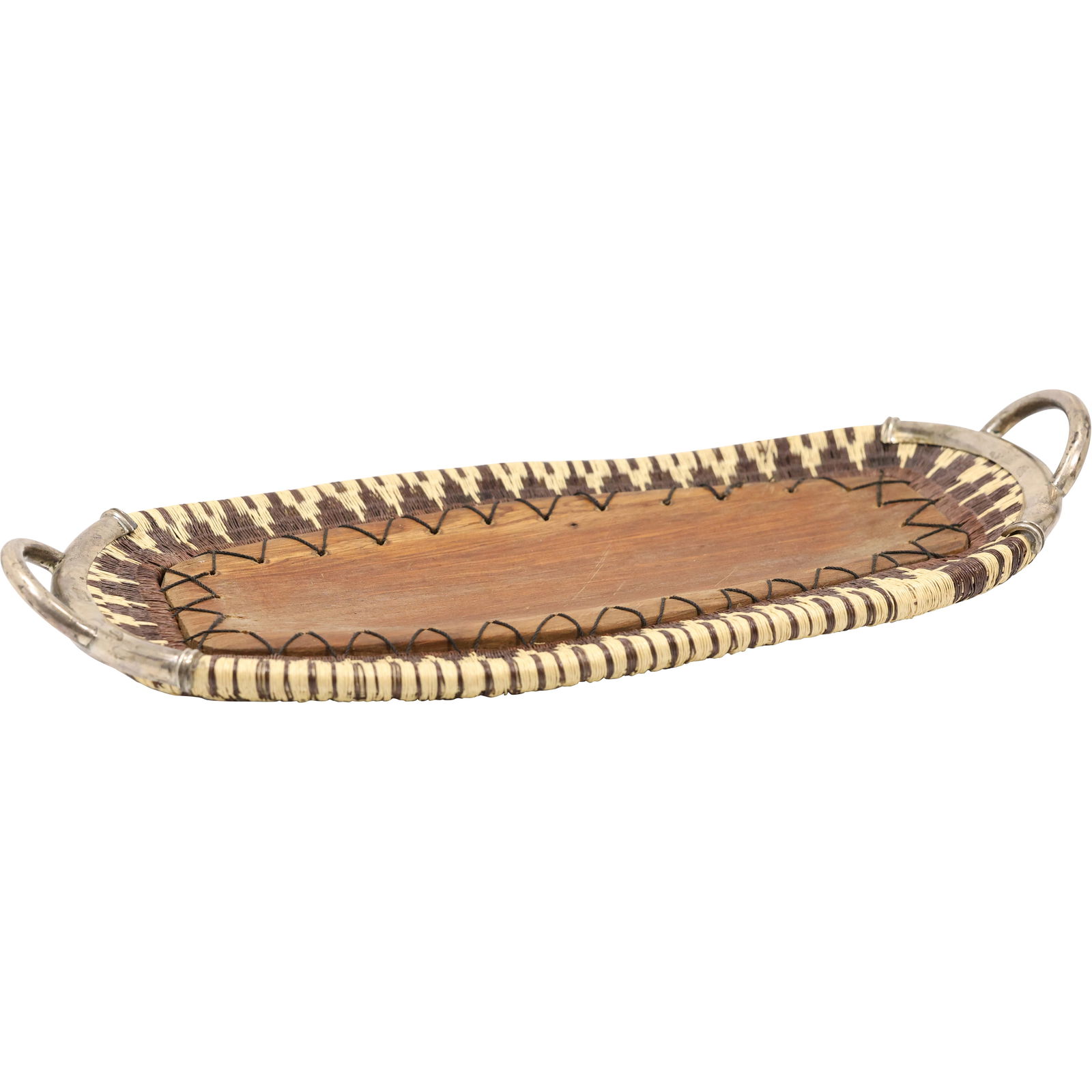 Vintage African Handwoven Edge Oval Tray With Wood Base and Sterling Silver Handles 16.5 in. length (1 of 15)