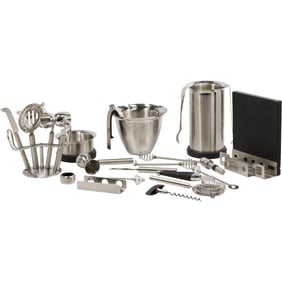 Modern Design Chrome Barware Set with Assorted Utencils - Many Pieces - See Pictures
