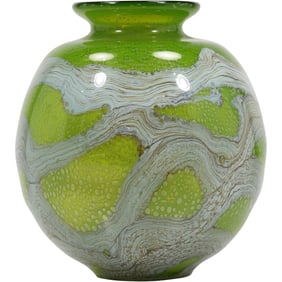 Vintage Tarnowiec Green and Silver Vase Art Glass Handblown Poland, 8.5 in. height x 7 in. wide