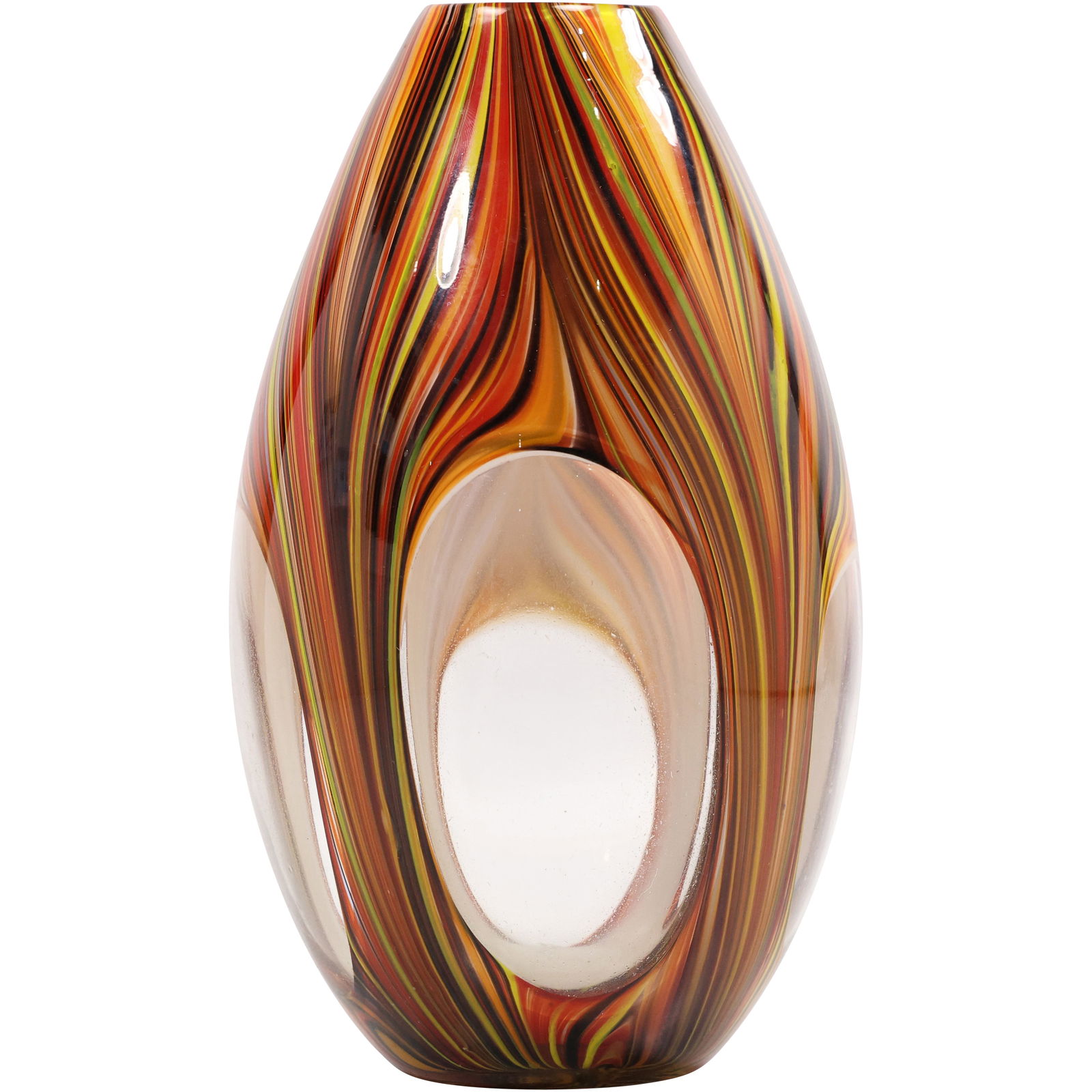 Missoni Art Glass Vase Multicolored Swirl Cased White with Clear Side Windows 10 inches height: Missoni Art Glass Vase Multicolored Swirl Cased White with Clear Windows 10 inches height. size: 10h 5.5w S:B