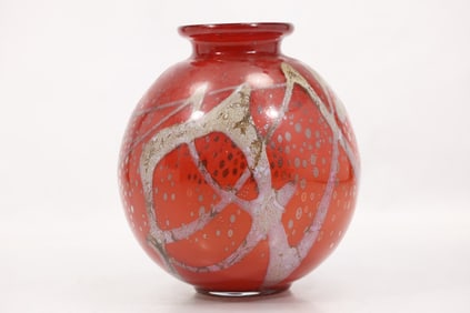 Lazer Art Glass Gold Lip Round Vase in red, created by California artist Tim Lazer. 8.5 in. height