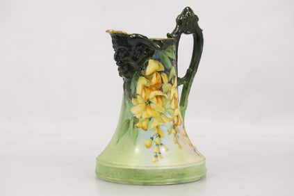Hasburg Hand Painted Austria Fine Porcelain Pitcher, Face Spout, Artist Signed E Dufour, 8 in. h.