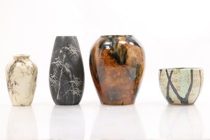 3 Assorted Art Pottery Vases and Black Stone Vase - Nice Selection - See Pictures