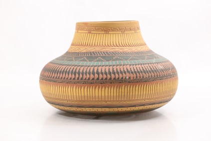 Signed L Watchman Navajo pottery hand-etched and painted vase. 6 in. height x 8.5 in. wide