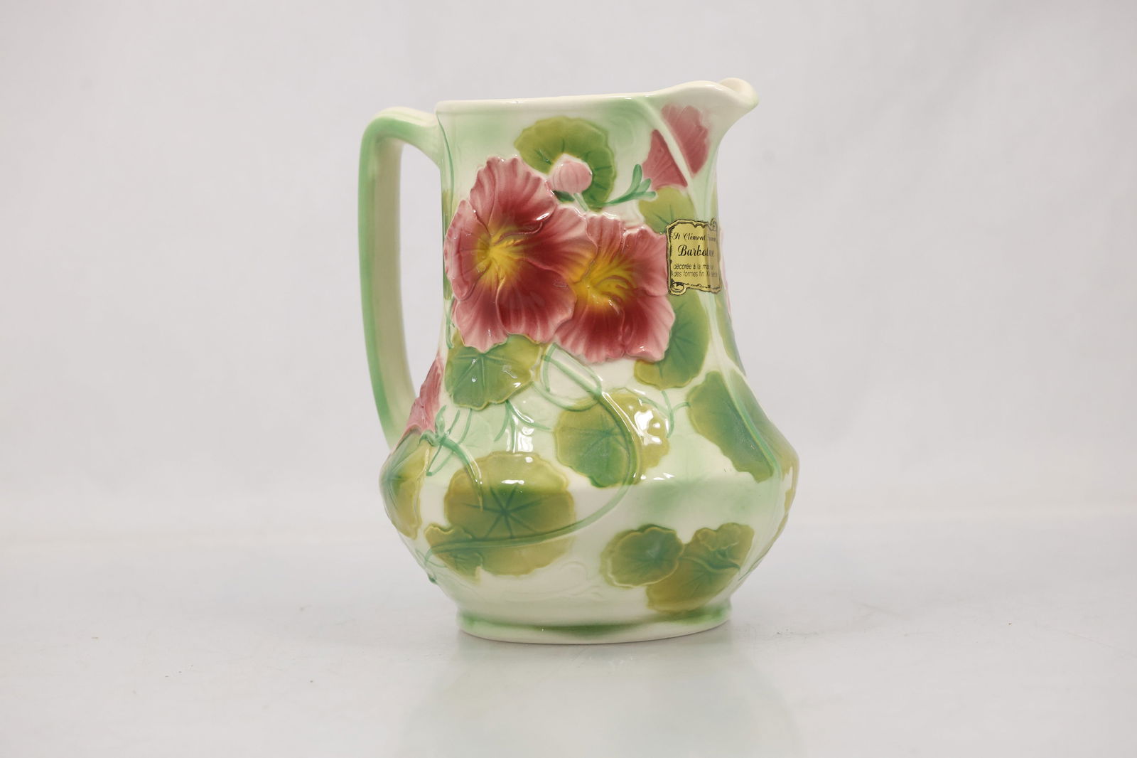 French Majolica Pitcher from St. Clément "Barbotine", Floral Pattern, 8 in. height (1 of 14)