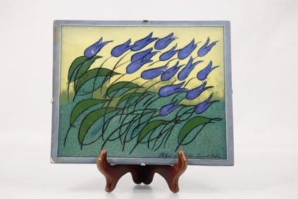 Arabia "Sinililjat tuulessa" (Blue Lilies in the Wind) wall tile, designer Heljä Liukko-Sundström