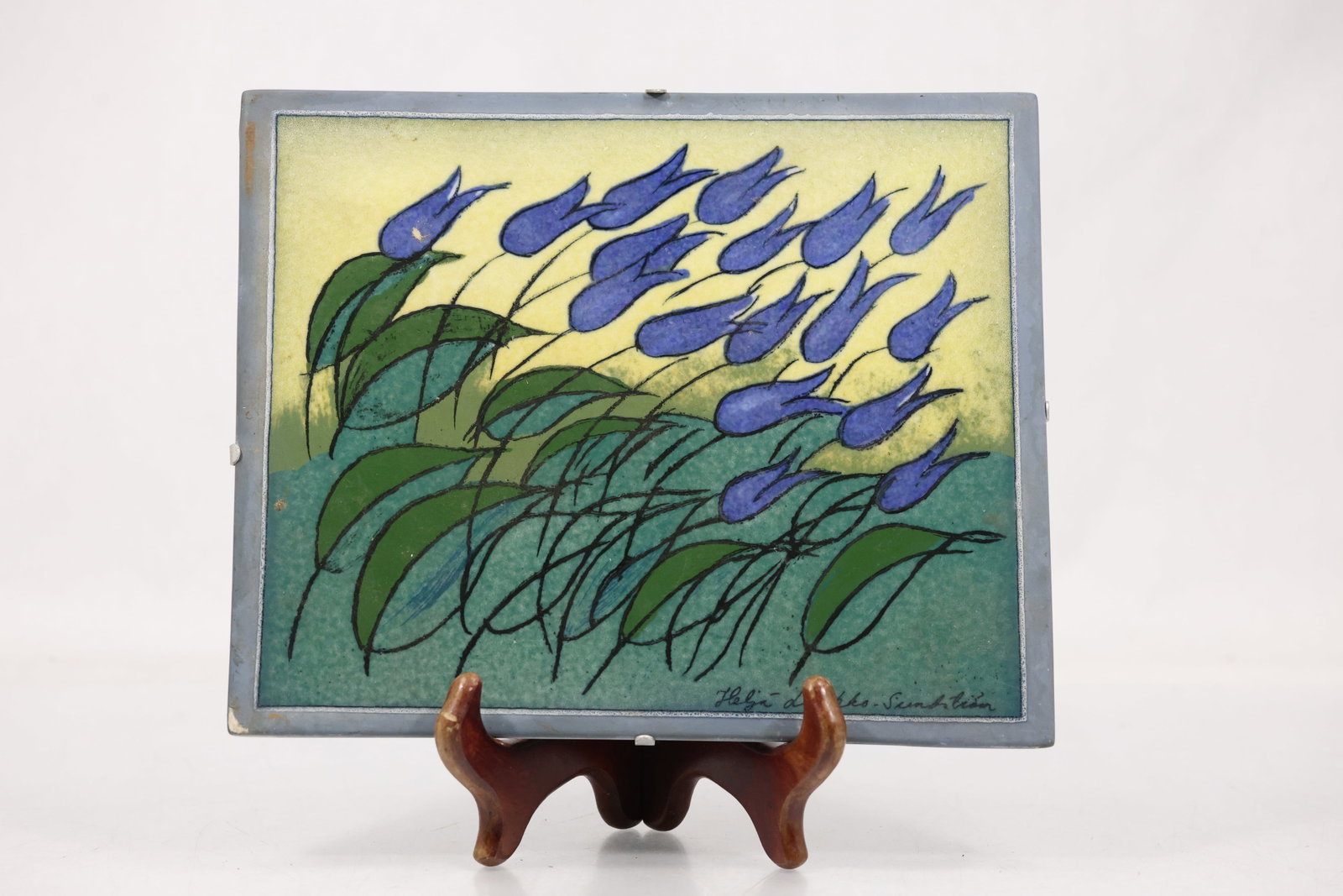 Arabia "Sinililjat tuulessa" (Blue Lilies in the Wind) wall tile, designer Heljä Liukko-Sundström: Arabia "Sinililjat tuulessa" (Blue Lilies in the Wind) wall tile, designed by Finnish ceramicist and artist Heljä Liukko-Sundström size: 8 x 10 S:C