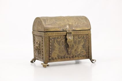 19th C. antique brass dome top jewelry casket box intricate design on legs 6 in. x 3.5 in. x 6.5 in.