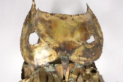 Style of Curtis Jere, Brutalist Brass Metal OWL Wall Sculpture, 20 in. height x 10 in. wide