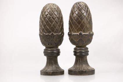 Pair Of Artichoke Finials, Wooden with Original Patina, 16 inches height x 5.5 in. wide
