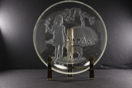 vintage 1940 Verlys Crystal Carl Schmitz Girl With Sheep and Lamb Crystal Glass Plate Charger,
