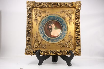 Royal Vienna Porcelain Woman's Portrait Plate,  presented in an Ornate, Gilded Frame.