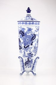 SPODE Statements "Worcester Wheel" Tall Blue and White Fine Porcelain Urn with Cover 22 in. height