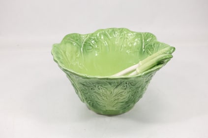 Green Ceramic Cabbage Leaf Salad Bowl with Matching Utencils, Bowl 11 inches diameter