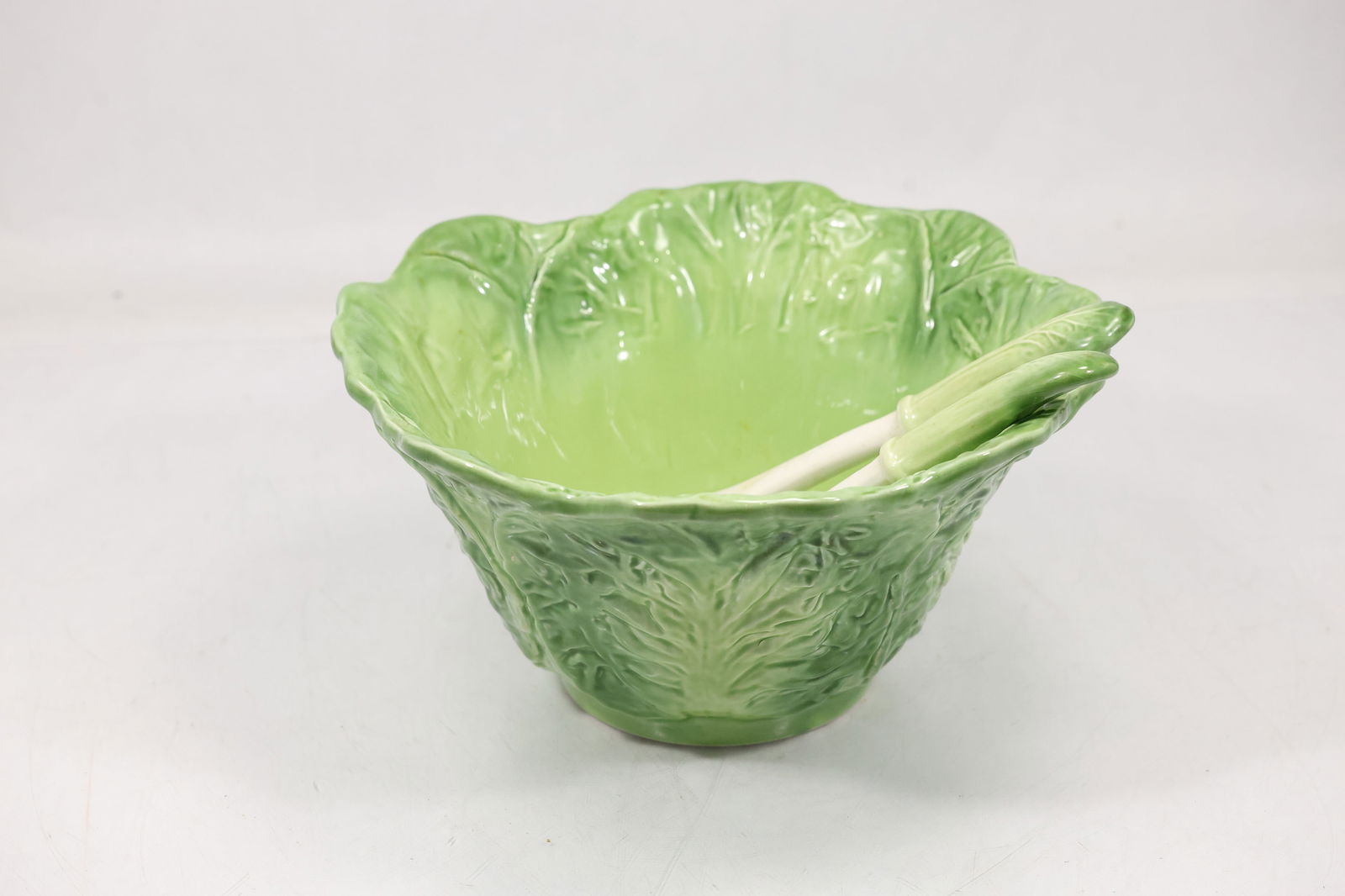 Green Ceramic Cabbage Leaf Salad Bowl with Matching Utencils, Bowl 11 inches diameter (1 of 13)
