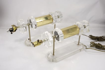 Pair Mid Century Hollywood Regency Miami Modern Brass and Clear Lucite Wall Sconces