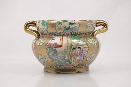 Royal Satsuma Porcelain Cache Pot Planter with Handles and Scenic Panels 11 in. wide