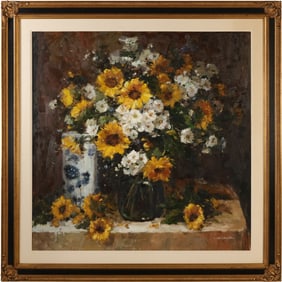 Signed Andrea, Large Framed Oil on Canvas Still Life Flowers