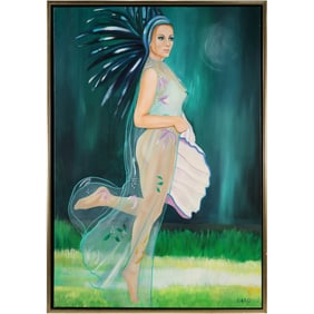 Signed GARO, Large Framed Oil on Canvas Painting Fashion Woman Wearing Lace Gown