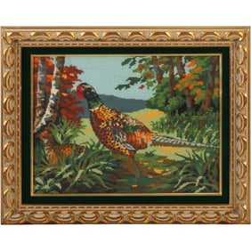 Vintage Framed Needlepoint Tapestry of a Pheasant in Natural Setting