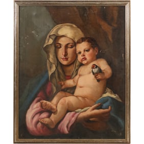 After Giovanni Battista Tiepolo, Vintage 20th C. Oil on Canvas Painting "Madonna of the Goldfinch"