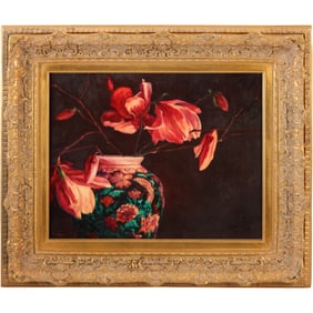 Signed E Miller, Fine Quality Oil on Board Painting, Red Flowers and Vase, Quality Gold Framing