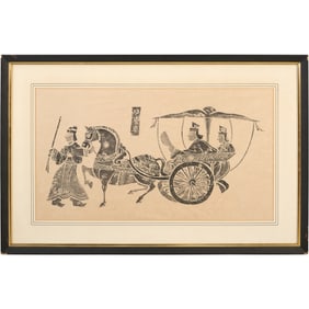 framed Chinese stone rubbing depicting a horse-drawn carriage with figures on Rice Paper