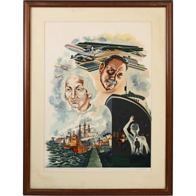serigraph by David Goitia titled "Colón, Muñoz, sus sueños y una historia" (Columbus, Muñoz,