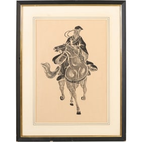 Chinese rubbing, portrays a figure on horseback, characteristic of the historical and cultural